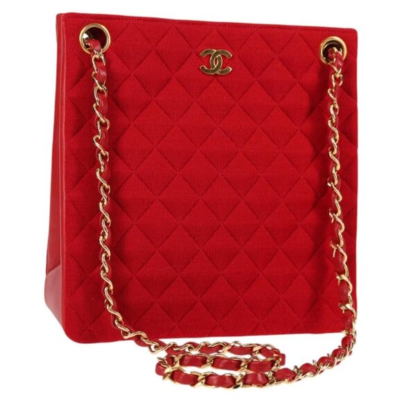 CHANEL Matelasse Chain Shoulder Bag Cotton Red Gold CC Auth 126492V - Picture 1 of 16